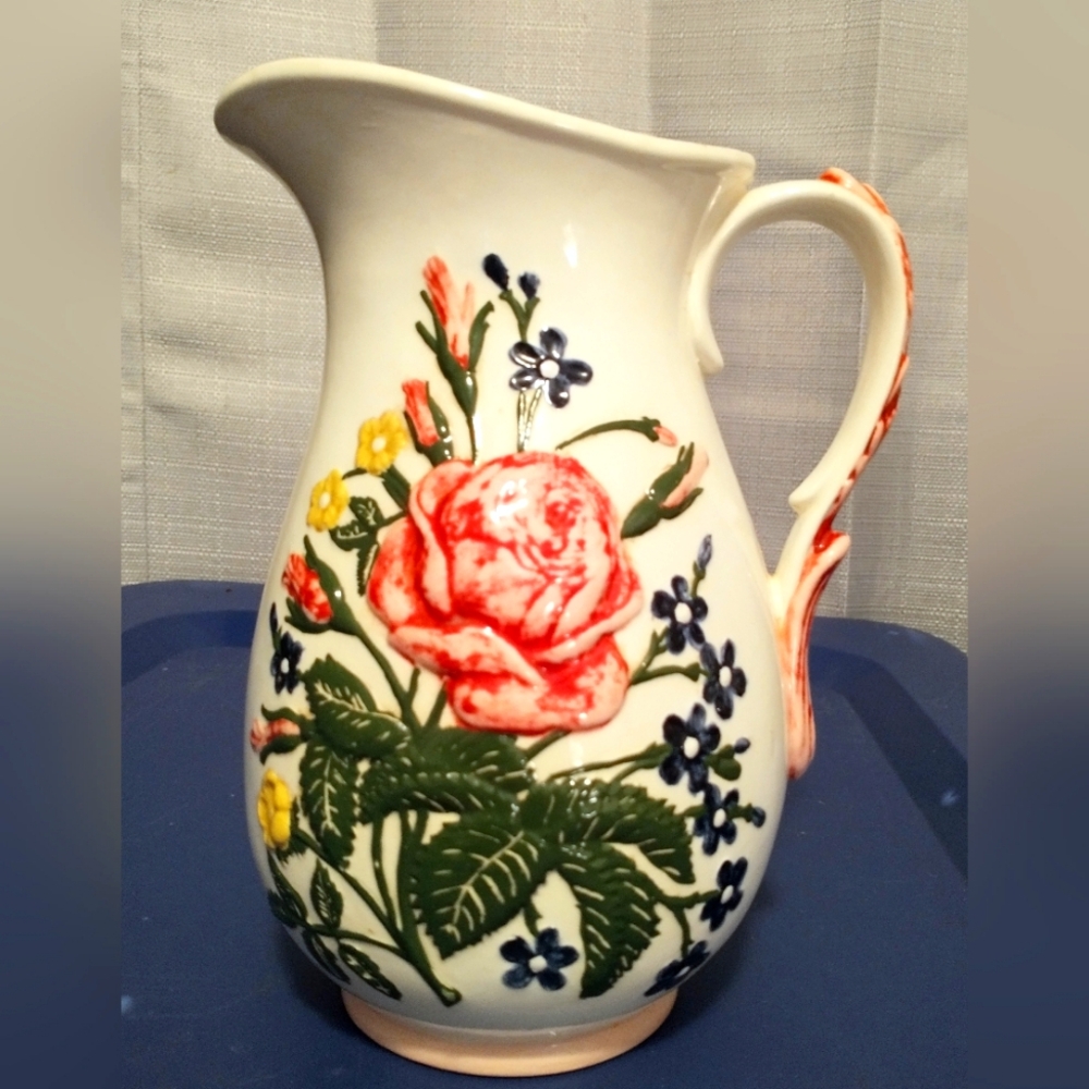 Vintage Atlantic Mold 8 1/2"‎ Pitcher Vase Custom Hand Painted Cabbage Rose